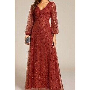 Ever Pretty Dress Womens 20 Burnt Orange Sequin Long Sleeve Formal Maxi Gown